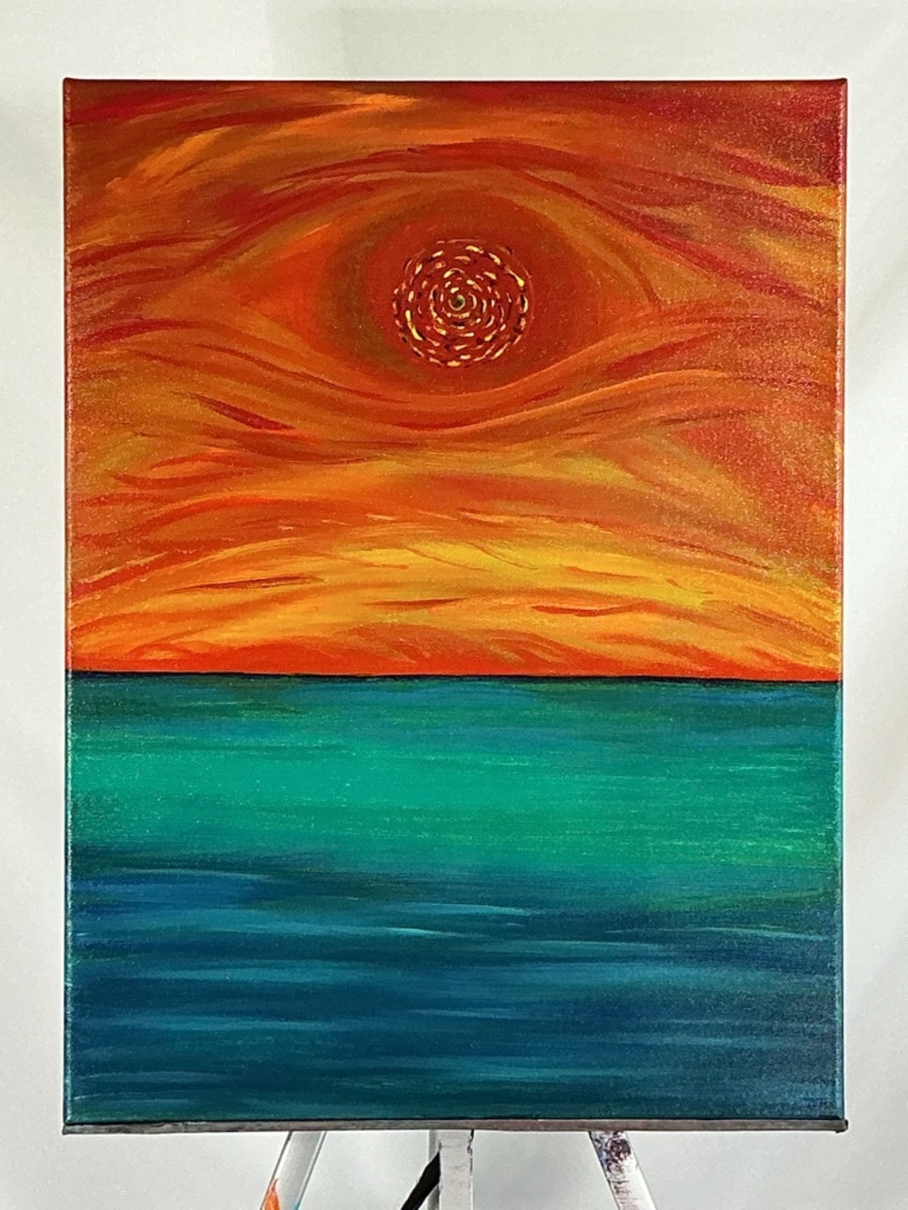 TJP Studios Abstract Ocean Sunset Canvas Painting Blue Orange 18x24 OOAK Art